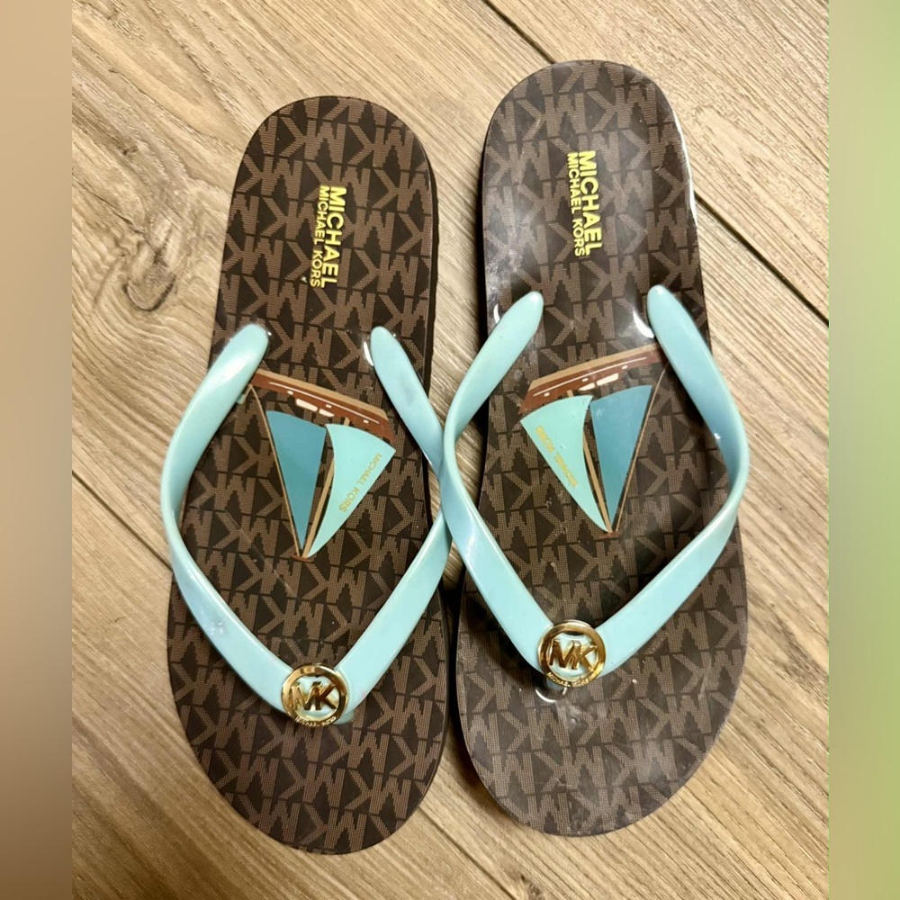 Michael Kors Aqua and Brown Flip Flops